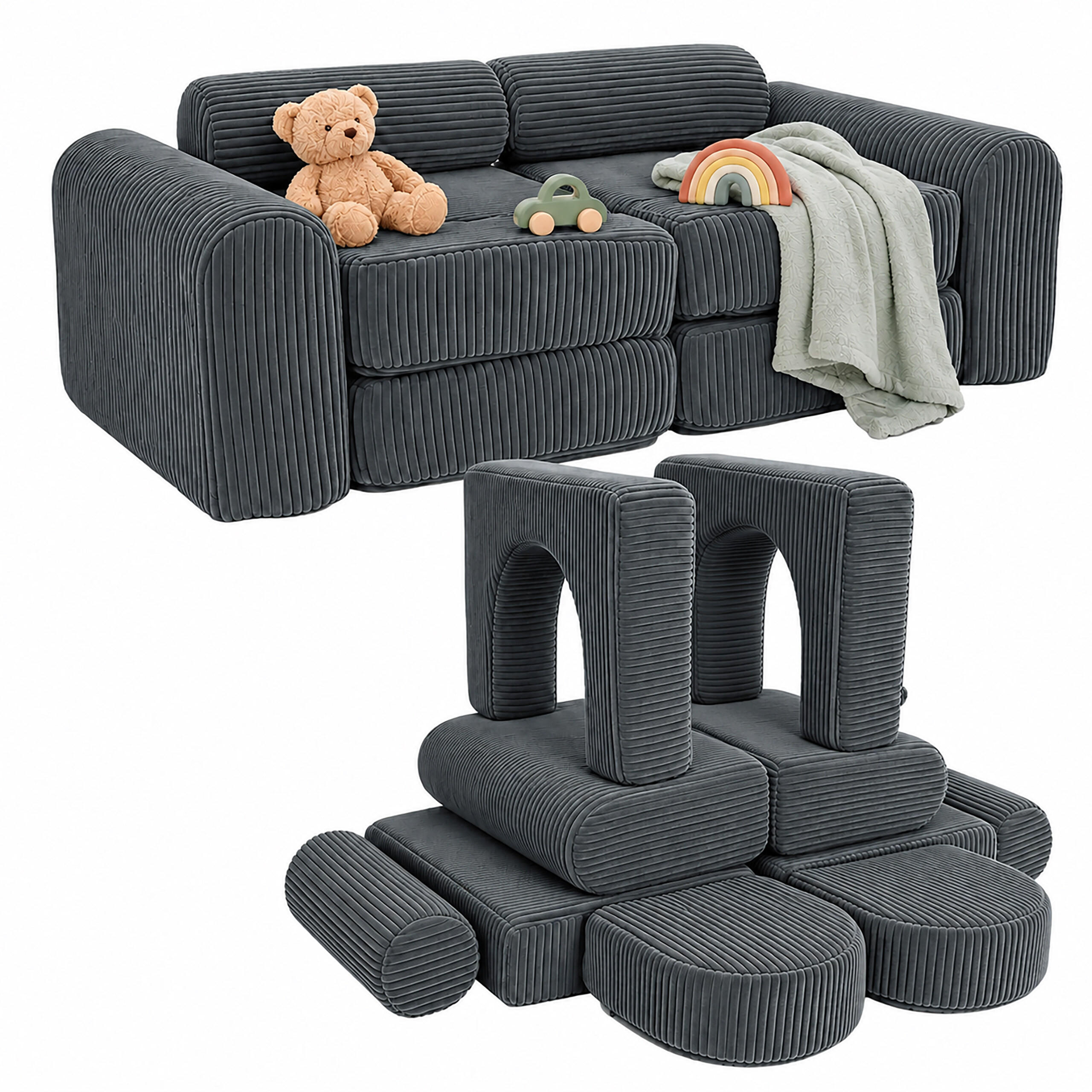 KINDERSOFA Anthrazit modular 10-tlg. - Anthrazit, Kunststoff/Textil (108/32/50cm) - Relaxdays