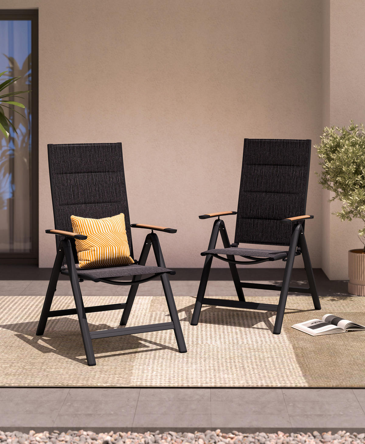 KLAPPSTUHL - Aluminium / Mischgewebe - Anthrazit - 2er-Set - Anthrazit, Textil/Metall (57/108/70cm) - home24