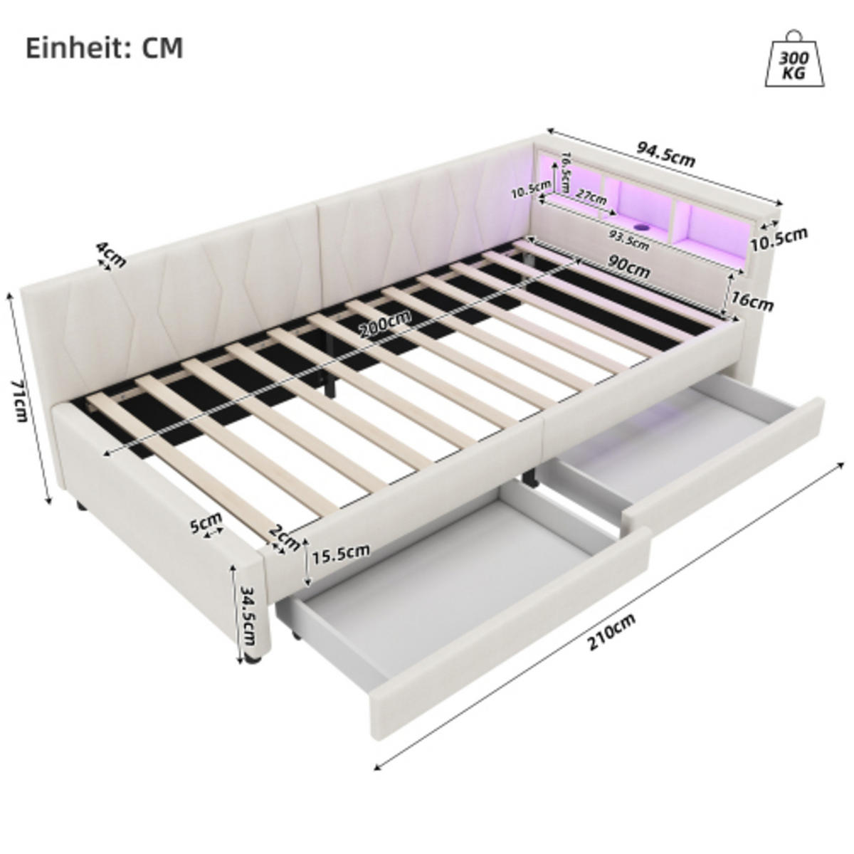 TAGEBETT 90x200cm Beige Leinen Ablagefach 2 Schubladen USB-C LED-Licht - Beige, Holz (90/200cm) - FLIEKS