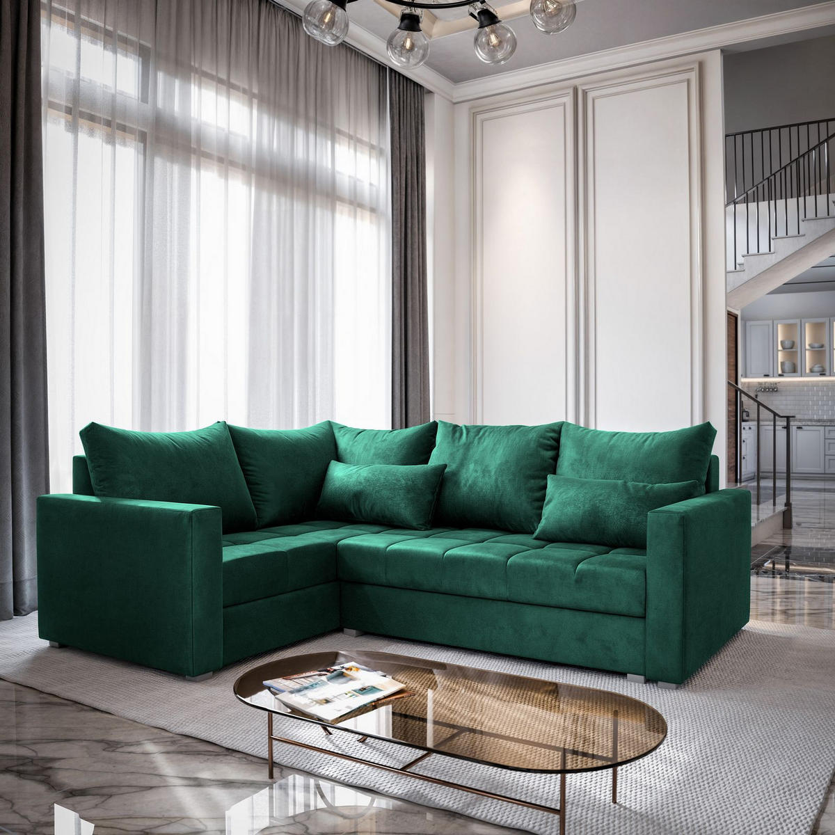 ECKSOFA LIRENO L-S Grün Plüsch-Stoff mit Schlaffunktion - Grün, Holz (220/153cm) - MASSENO