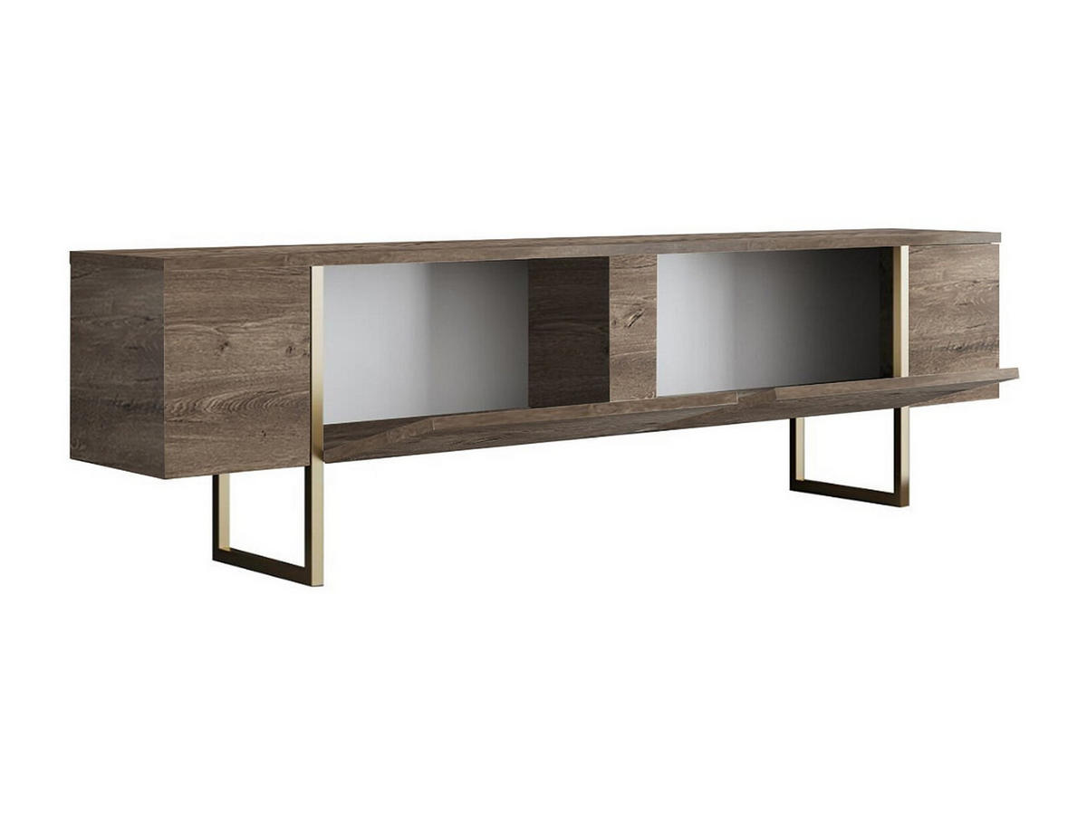 TV-MÖBEL mit 2 Türen - Dunkel-Natur & Gold - ZIRELDA - Naturfarben, Holz (180/50/30cm) - Vente-Unique