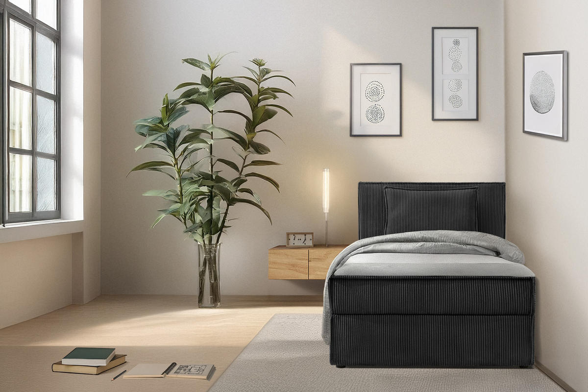 BOXSPRINGBETT ROTI Einzelbett, schwarz, Cordstoff - Schwarz, Holz/Holzwerkstoff (80/200cm) - KONSIMO®