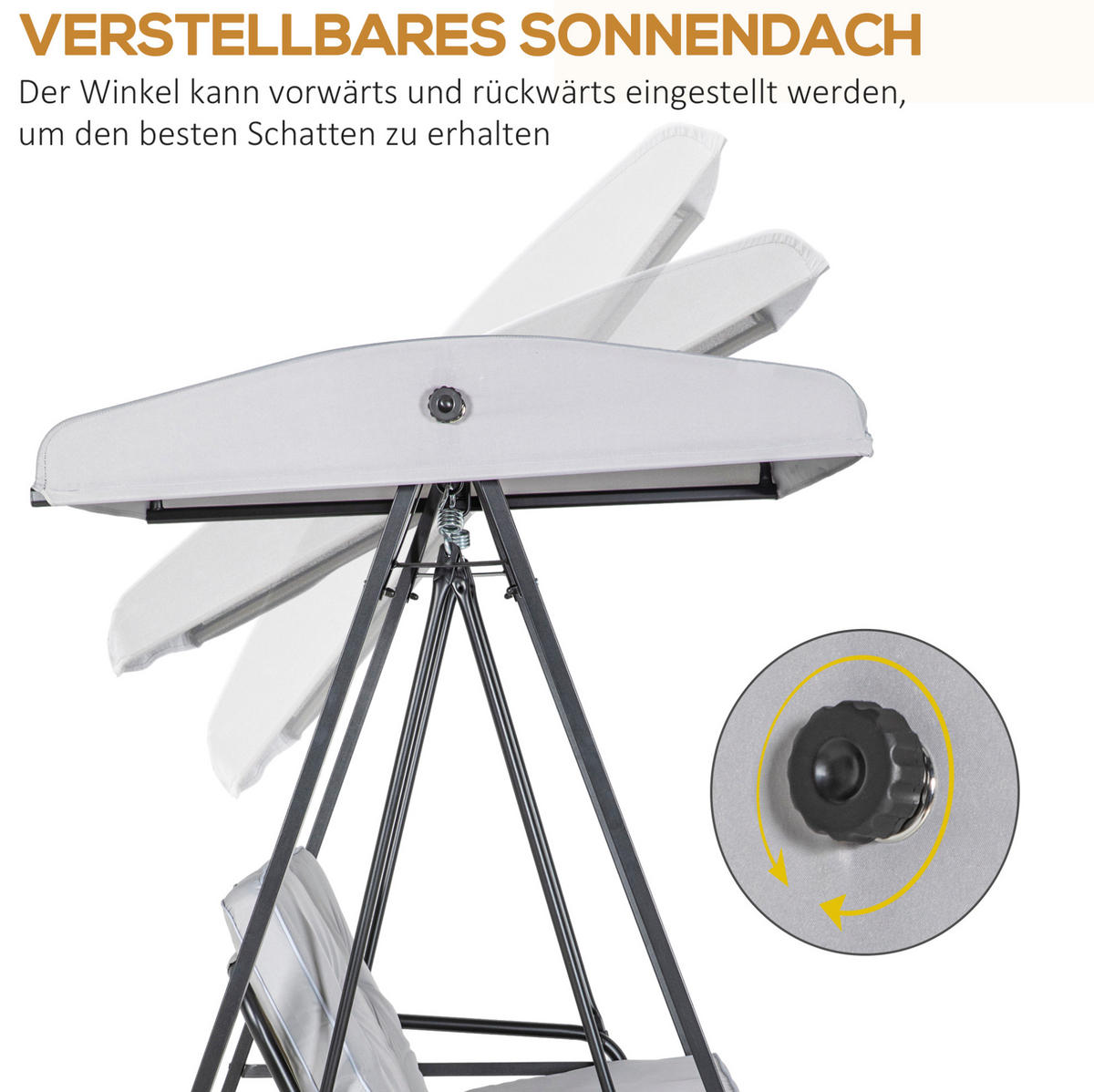 HOLLYWOODSCHAUKEL 145/116/172 cm mit verstellbarem Sonnendach und Polsterung, Grau - Grau, Textil (116/172/145cm) - Redom