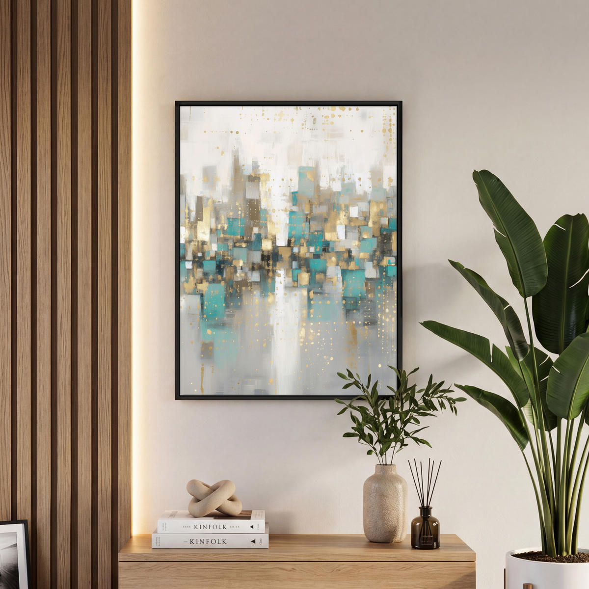 LEINWAND Bilder mit Rahmen - Abstrakt - Blöcke - Gold - Skyline - 60x80 - Beige, Textil (60/80cm) - MuchoWow