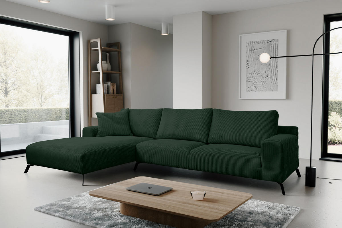 ECKSOFA Aspen in L-Form, Coach Farbe: Grün, Cordstoff, Ottomane Links - Grün, Textil (187/312cm) - VENASI MÖBEL