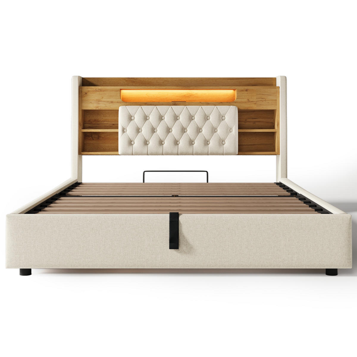 POLSTERBETT 140/200 cm Beige mit LED-Beleuchtung und Stauraum-Kopfteil - Beige, Textil (140/200cm) - Oxeza
