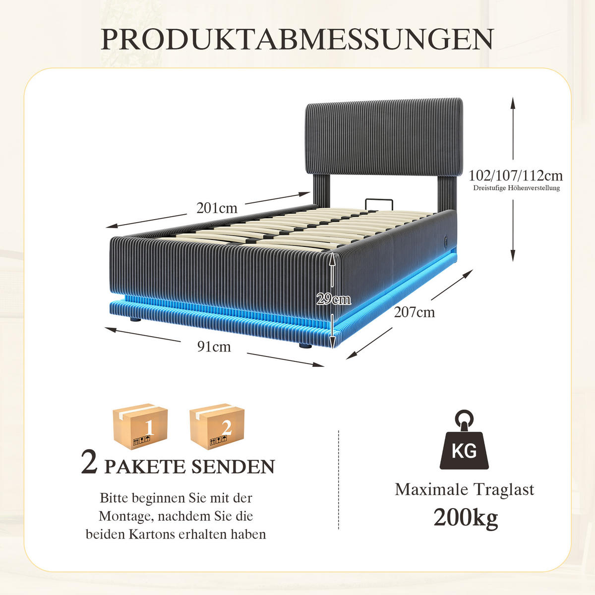 POLSTERBETT 90x200 cm LED USB Stauraum grau - Dunkelgrau, Textil (90/200cm) - LEBENLANG