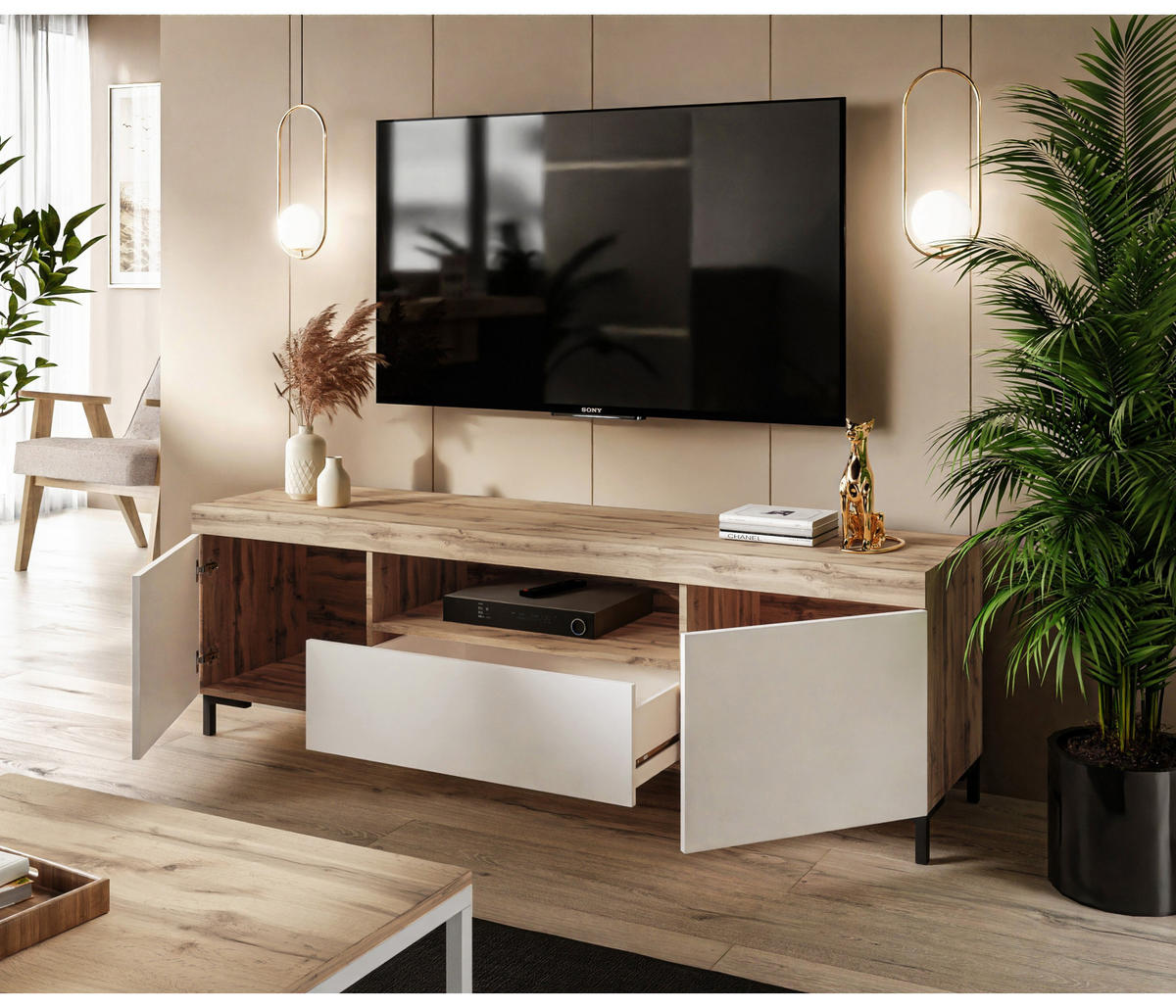TV-SCHRANK YOSHI II 170/42/52 cm Wotan Eiche / Weiß - Naturfarben, Holzwerkstoff/Kunststoff (170/52/42cm) - Lookway