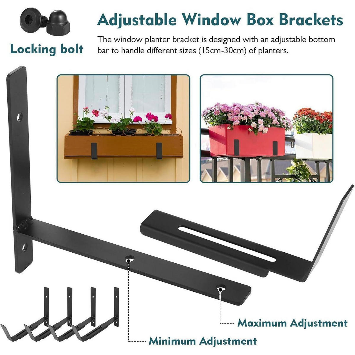 BLUMENKASTEN Halterung Set verstellbar 15-30 cm - Schwarz, Metall (2.5/20/22.3cm)