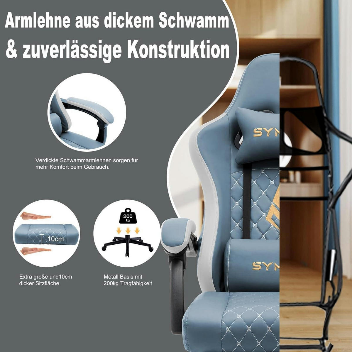GAMING Stuhl mit Lendenwirbelstütze und Fußstütze Kunstleder Hellblau - Hellblau, Kunststoff (50/122/50cm)