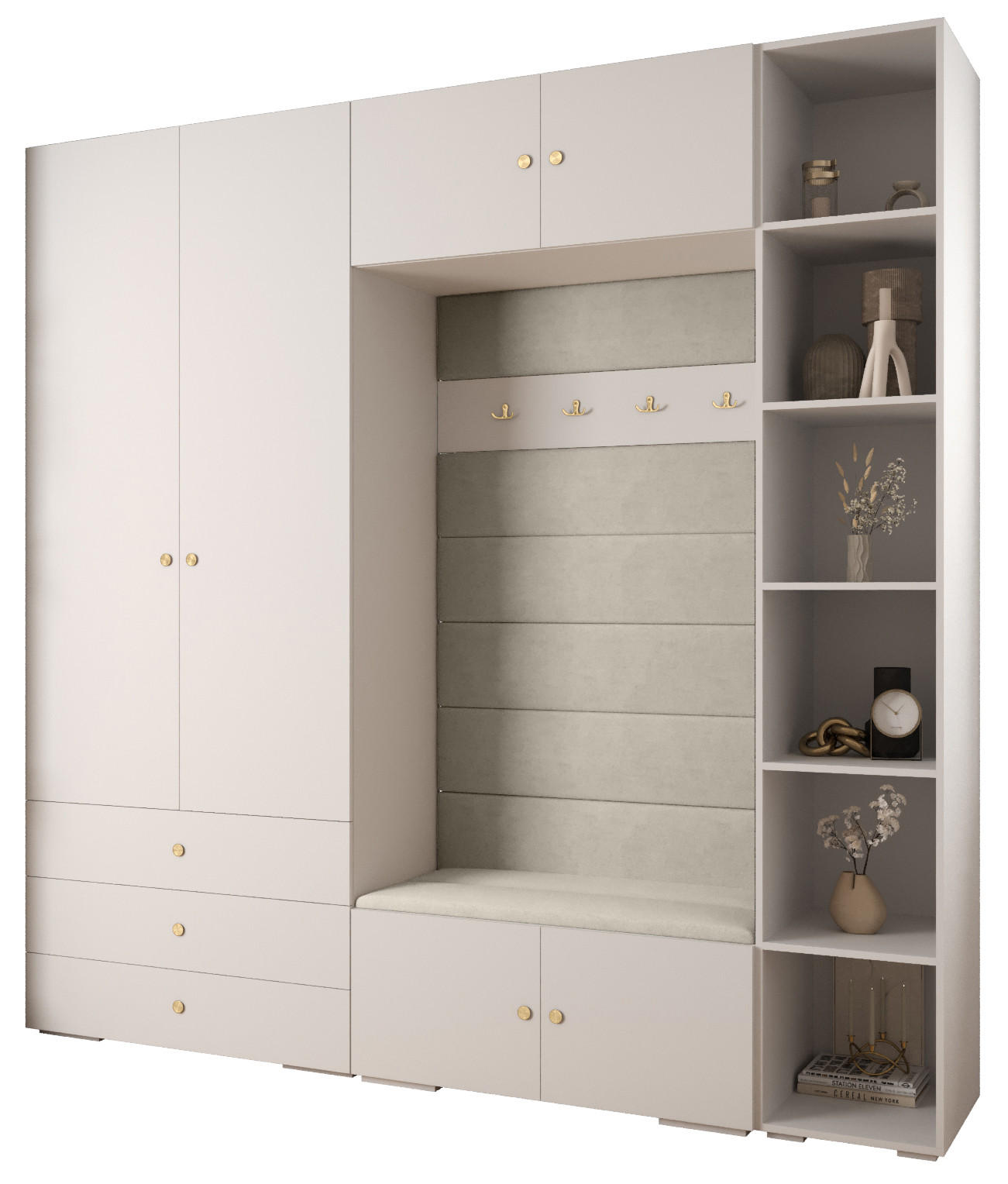 Abiks Möbel Garderoben-Set Weiß, Beige, Gold 240x236.7x47 cm