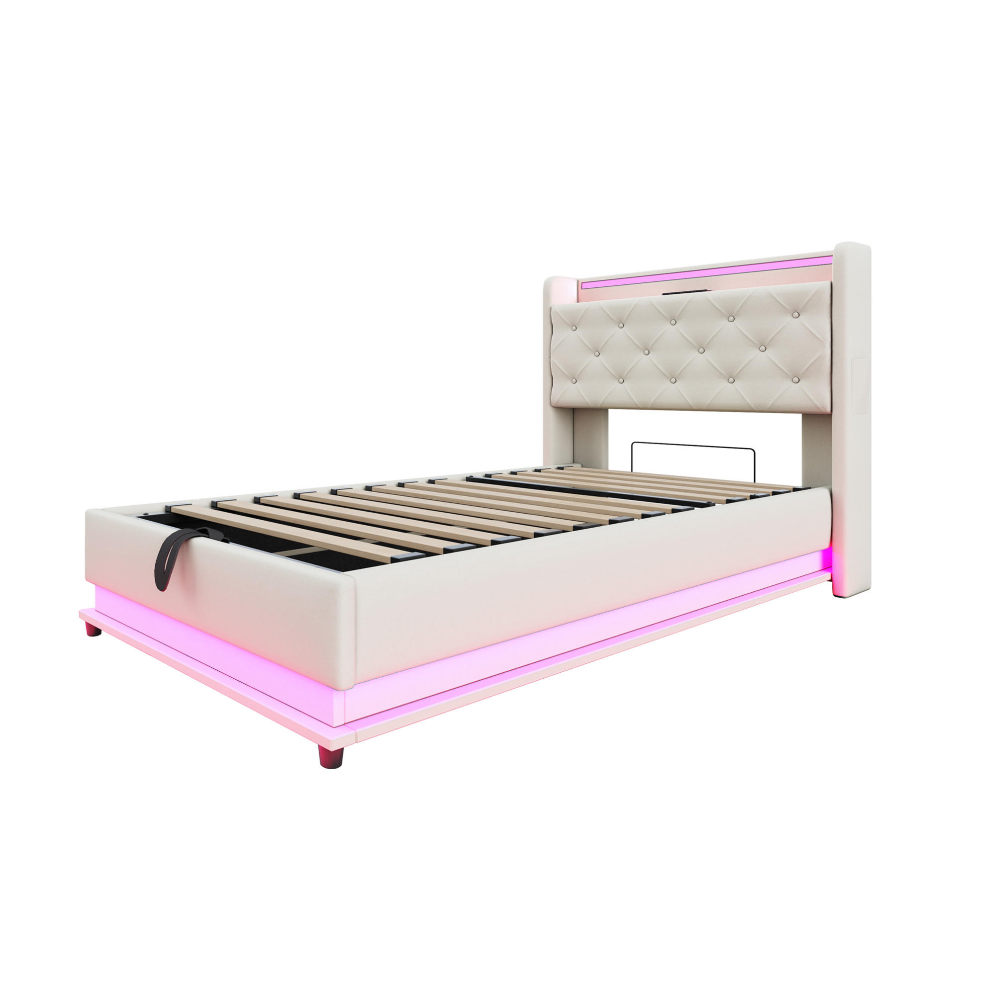Modfu ČALOUNĚNÁ postel z len 90x200 cm béžová s LED osvětlením, USB a úložným prostorem