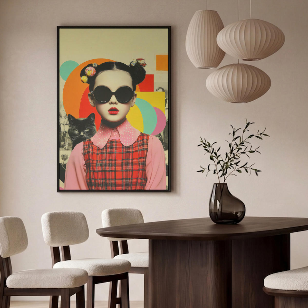 LEINWAND Bilder mit Rahmen - Mädchen - Sonnenbrille - Katze - Retro - 80x120 - Beige, Textil (80/120cm) - MuchoWow