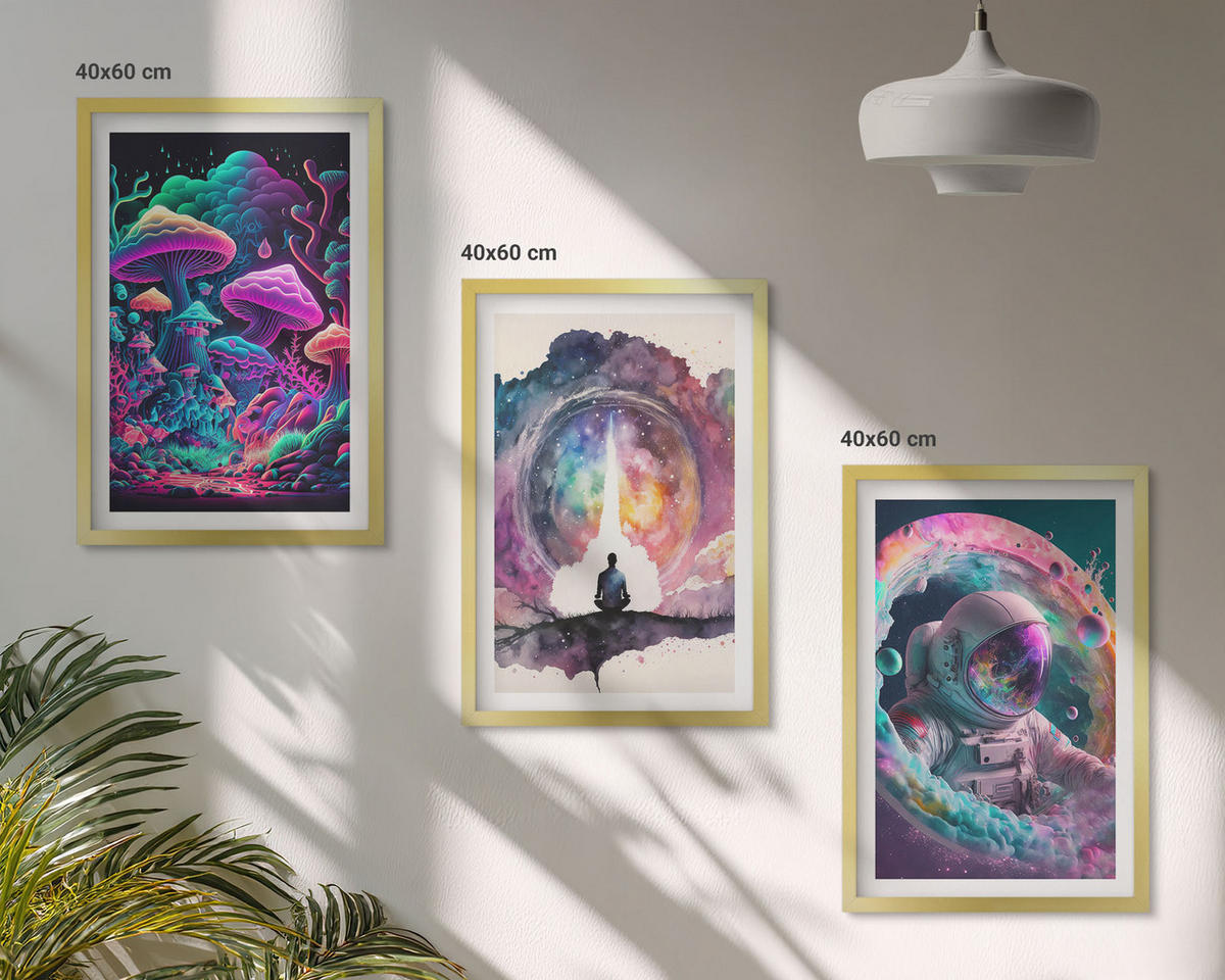 BILDER SET 3er Set - 40x60 cm Goldrahmen - Farbenfrohe Fantasy-Kunstillustrationen - Goldfarben, Kunststoff (40/60cm) - TULUP