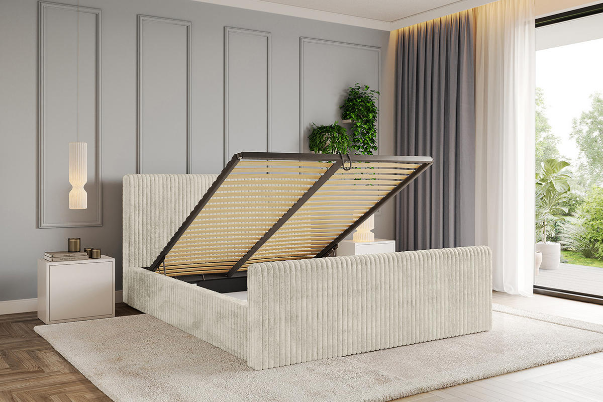 POLSTERBETT mit Bettkasten, Fußteil und Lattenrost, Boxbett mit Matratze H3/H4 - ALOVA-Z-V1 - Beige, Holzwerkstoff/Textil (180/200cm) - ALTDECOR