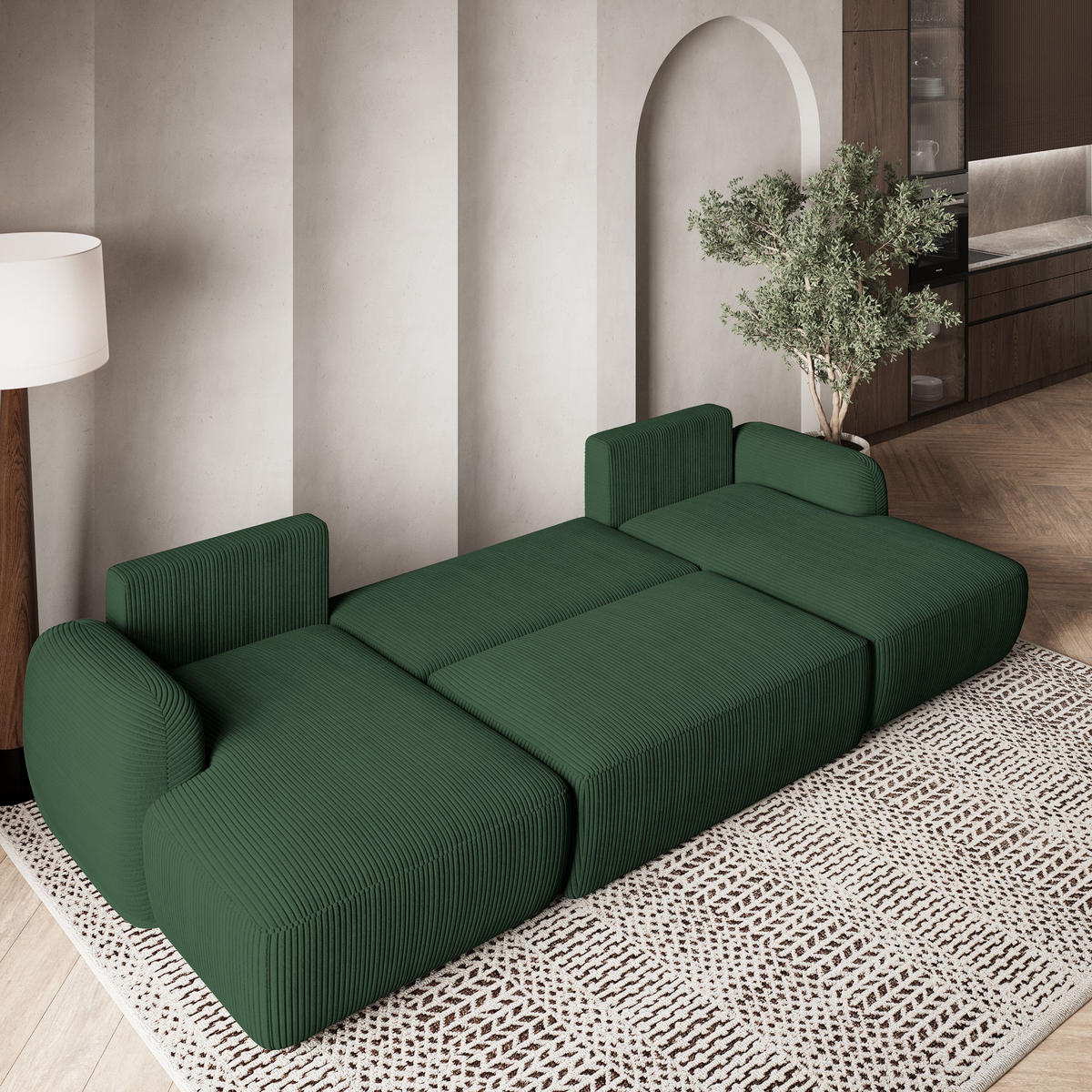 WOHNLANDSCHAFT SAVONA P Grün Kordstoff mit Schlaffunktion - Grün, Holz (320/90/148cm) - MASSENO