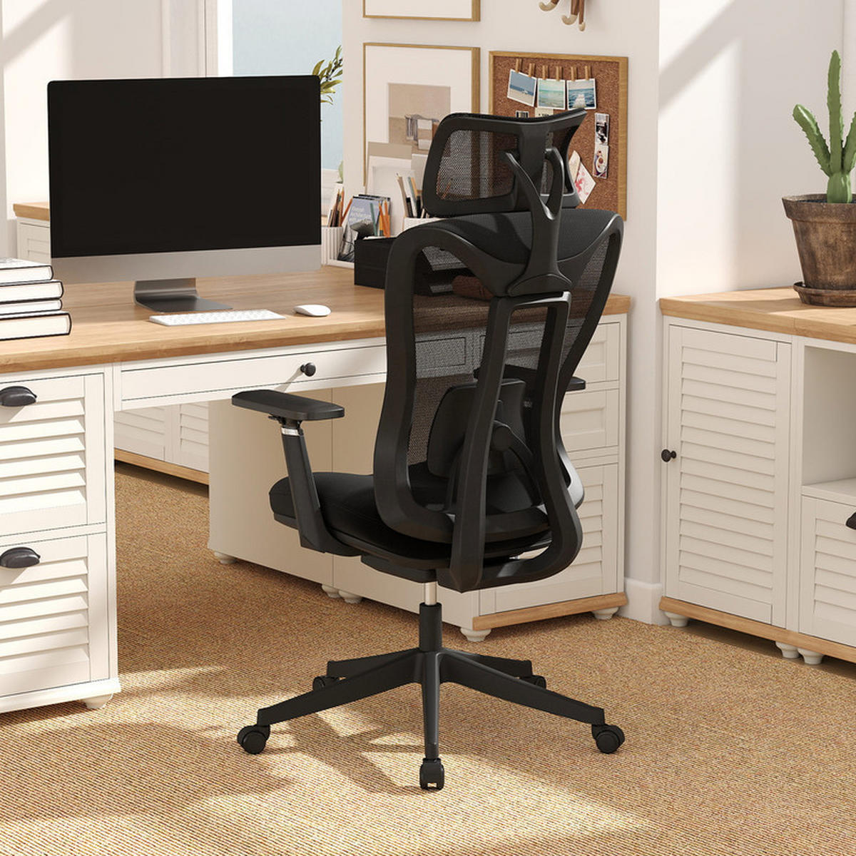 BÜROSTUHL mit verstellbarer Lendenwirbelstütze Kopfstütze und 3D-Armlehnen schwarz - Schwarz, Leder (70/116/68cm) - COSTWAY