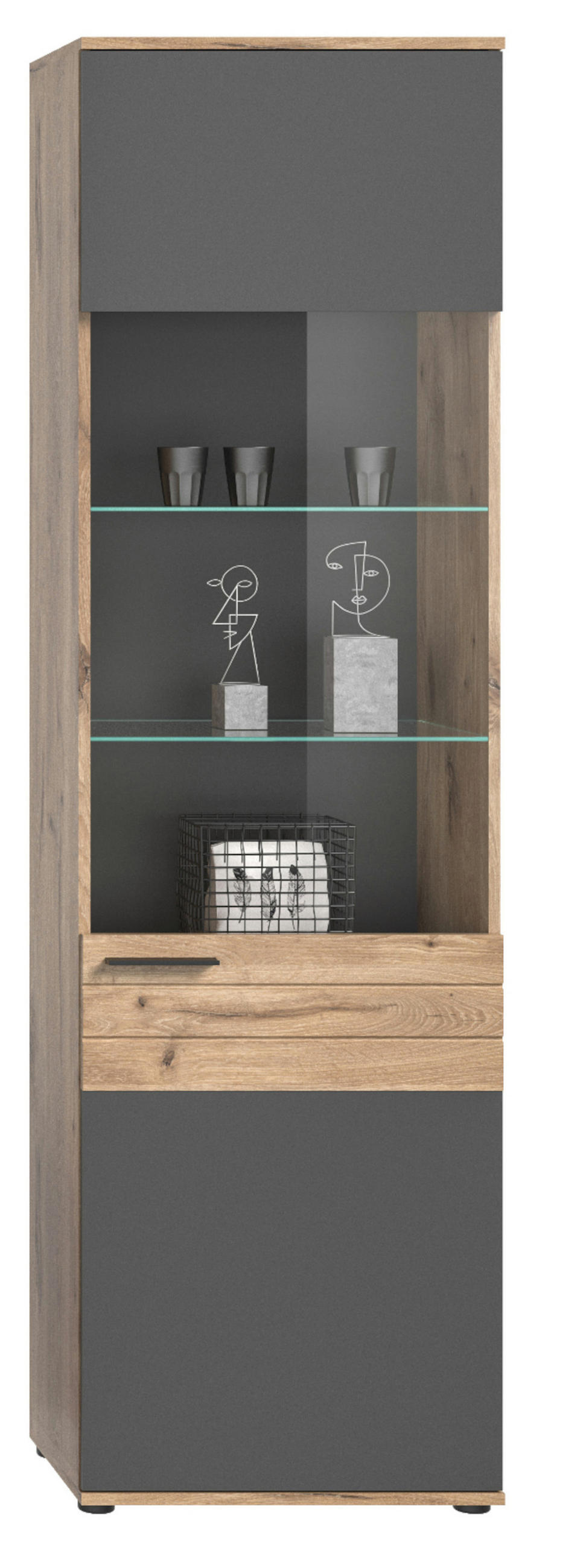 VITRINE Eiche, grau 57x200 cm mit Soft-Close, Wohn- und Esszimmer Vitrinenschrank - Eichefarben/Schwarz, Glas/Holzwerkstoff (57/200/37cm) - Inn.Furn