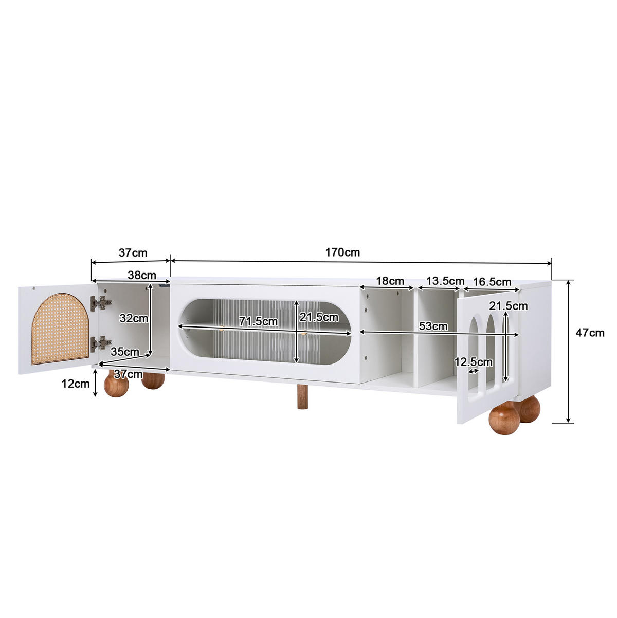 LOWBOARD 170/47/37 cm in Weiß mit Glasschiebetür und Rattan-Optik - Weiß, Holzwerkstoff (170/37/47cm) - Flora Grace