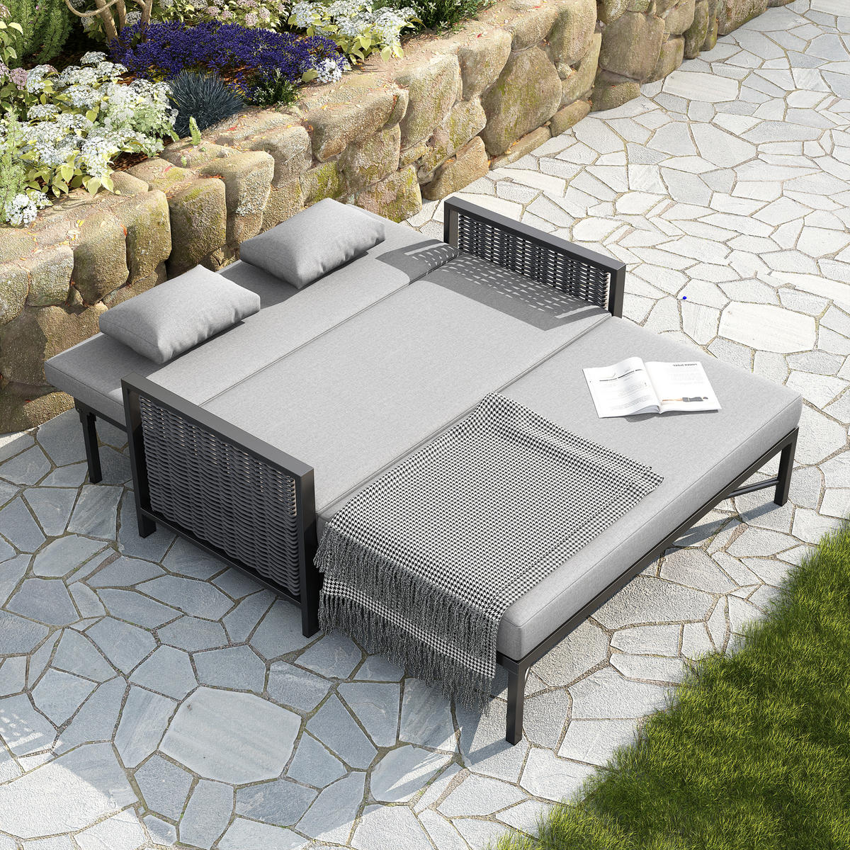 GARTENMÖBEL, 2-Personen Outdoor-Liegebett, Rückenlehne 0-65°, Grau - Grau, Textil (131.5/91/151.3cm) - FLIEKS