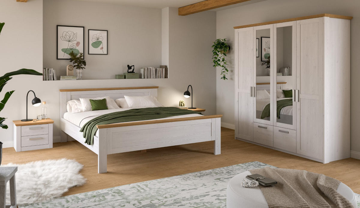 SCHLAFZIMMER weiß Lärche, Eiche Artisan Landhaus Set mit Bett 180 x 200 cm und Nachttisch - Eichefarben/Silberfarben, Holzwerkstoff/Kunststoff (180/200cm) - Inn.Furn
