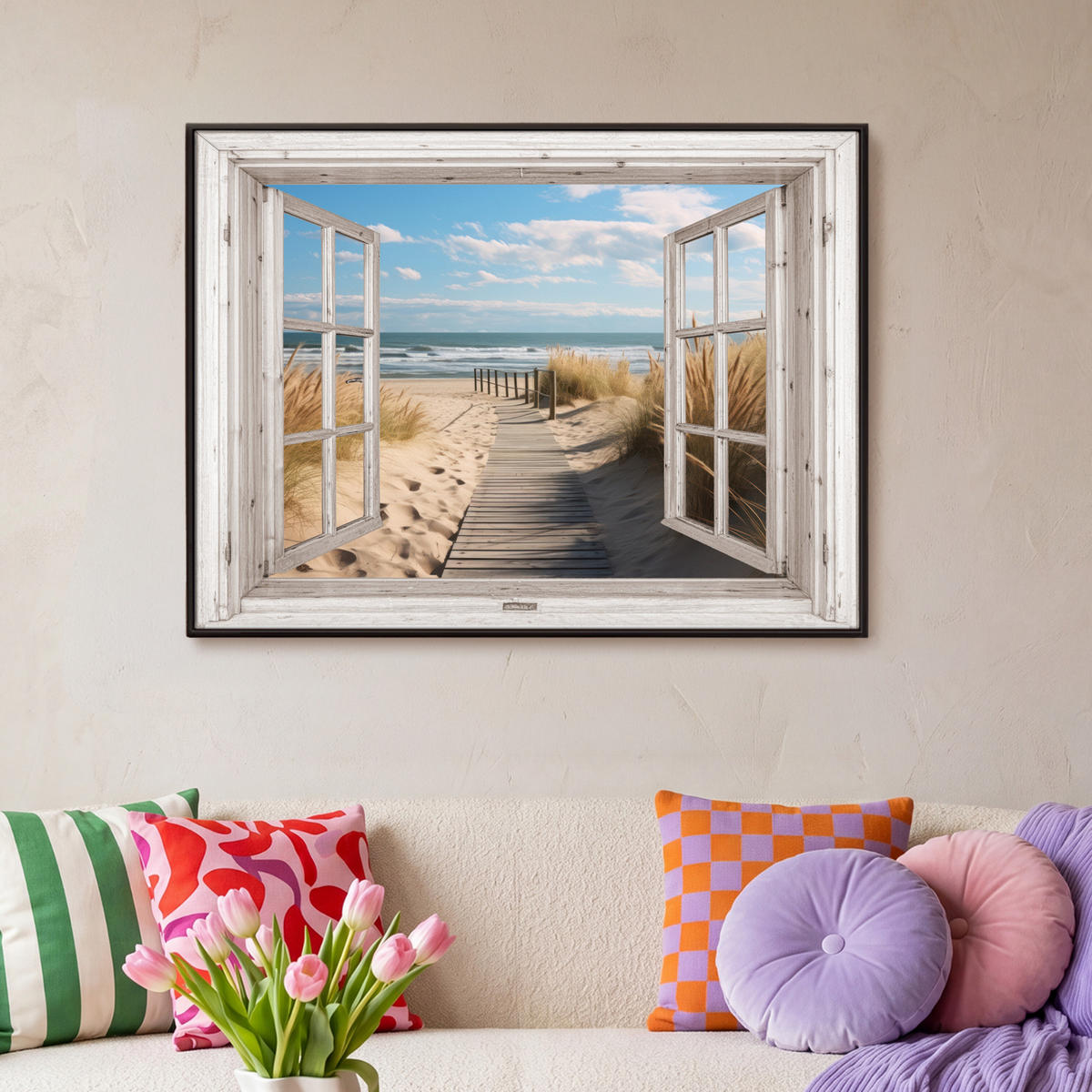 LEINWAND Bilder mit Rahmen - Fenster - Meer - Küste - Natur - Ausblick - Strand - Wattenmeer - 100x70 - Beige, Textil (100/70cm) - MuchoWow