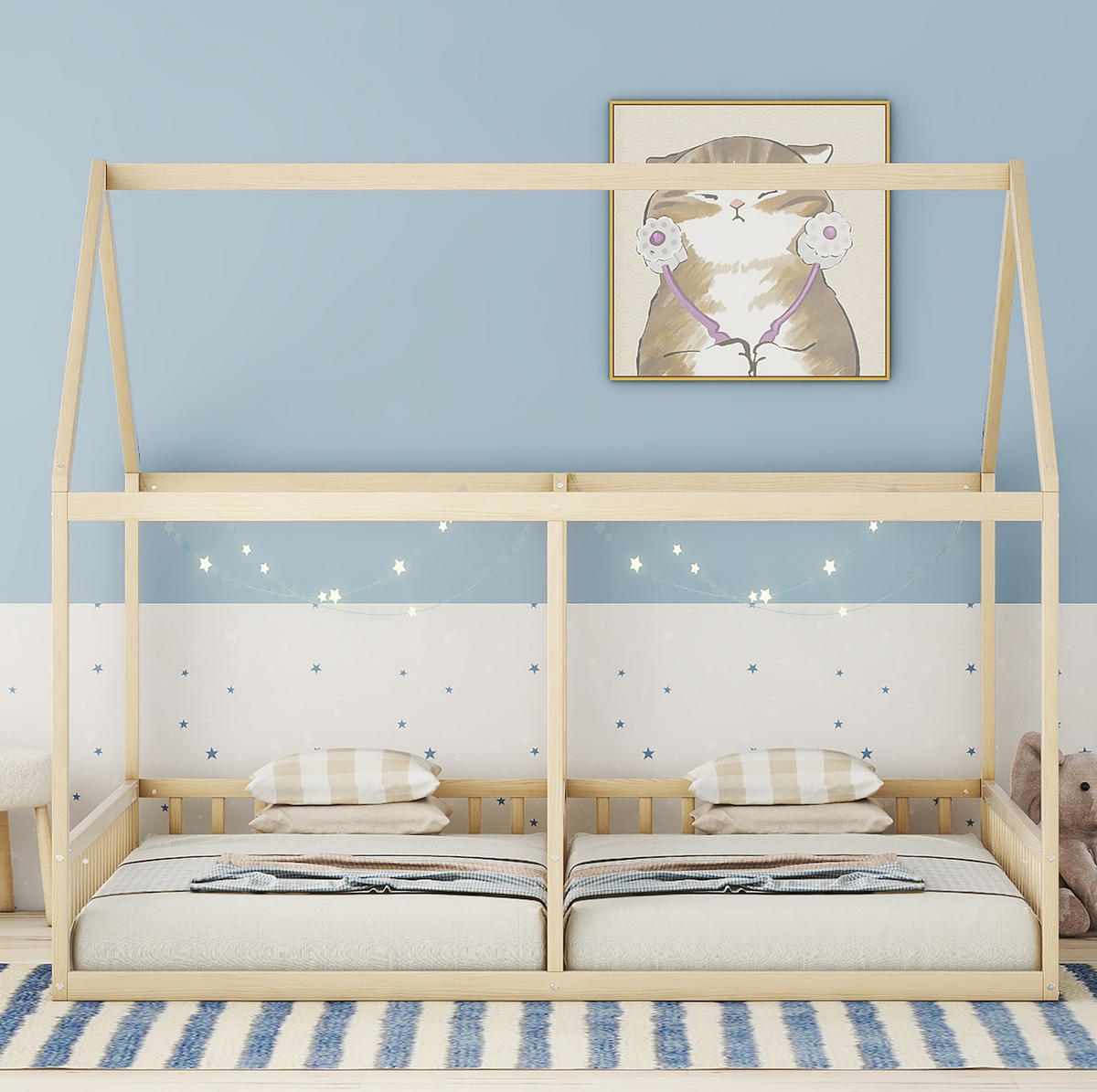 BETT 2-in-1 90/200 cm in Natur aus Kiefer mit Hausdesign und Schutzgitter - Naturfarben, Holz (90/200cm) - Flora Grace