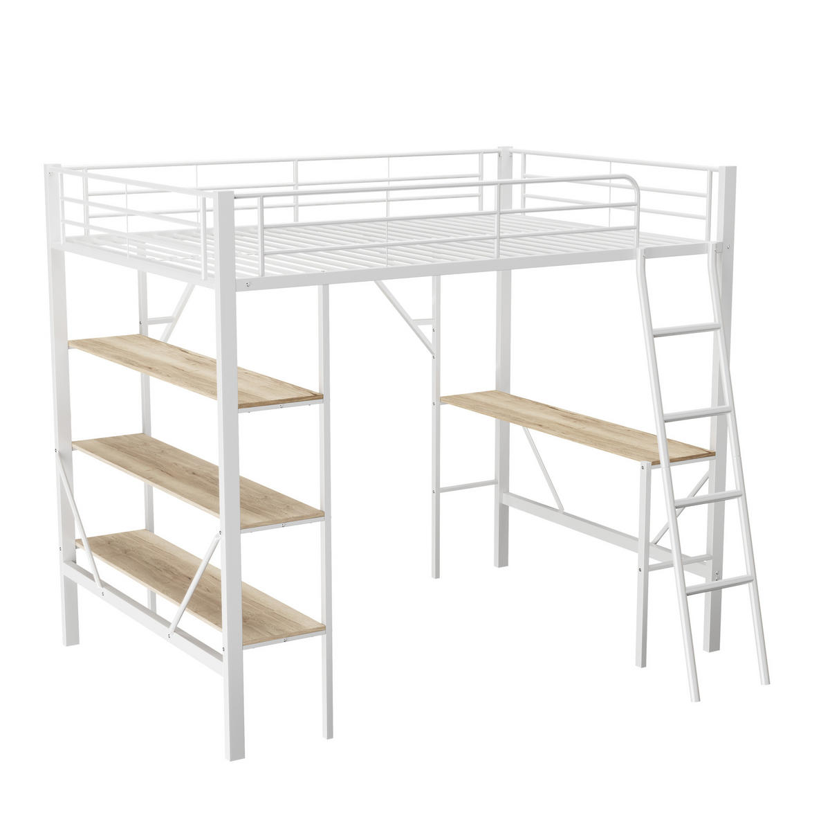 HOCHBETT 90/200 cm Weiß Metallbett mit Schreibtisch und Ablagen - Weiß, Holzwerkstoff (90/200cm) - OKWISH