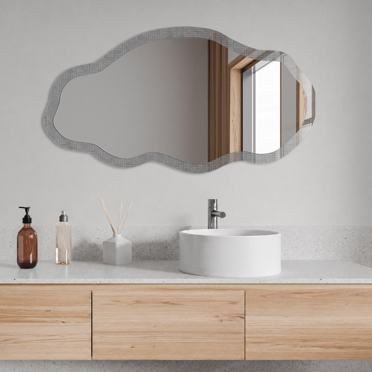 SPIEGEL 90x45 cm asymmetrisch mit Druck - Geometrische Textur - Transparent, Glas (45/90/0.4cm) - TULUP