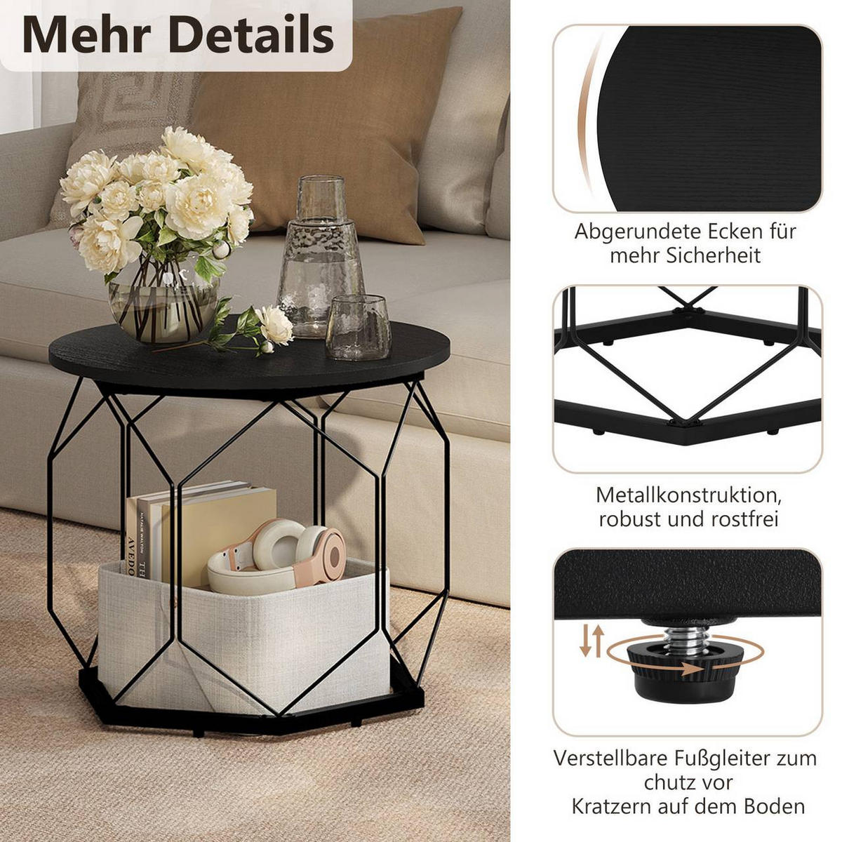 COUCHTISCH 2er Set, rund, Schwarze Holzoptik - Schwarz, Holzwerkstoff/Metall (50/50/45cm) - Woltu