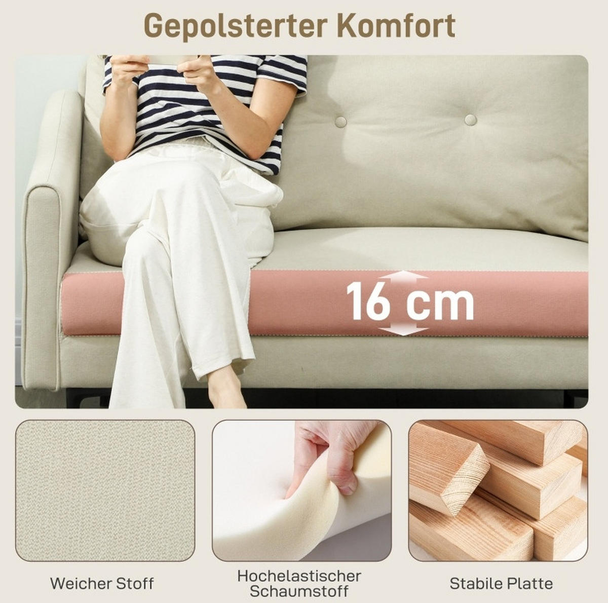SOFA 2-Sitzer 124 cm Cream White - Weiß, Metall (124/92/73cm) - Meubliv