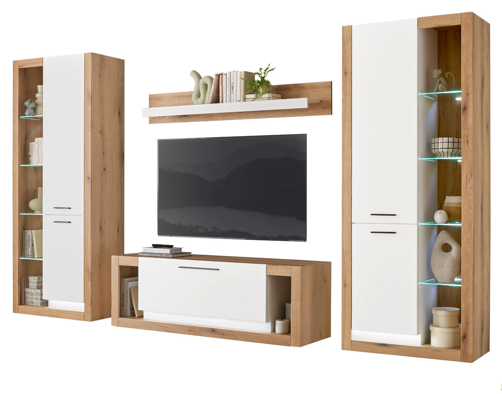 WOHNWAND weiß matt, Evoke Eiche, Wohnkombination Set 4-teilig 350 cm - Eichefarben/Silberfarben, Glas/Holzwerkstoff (350/195/43cm) - Furn.Design