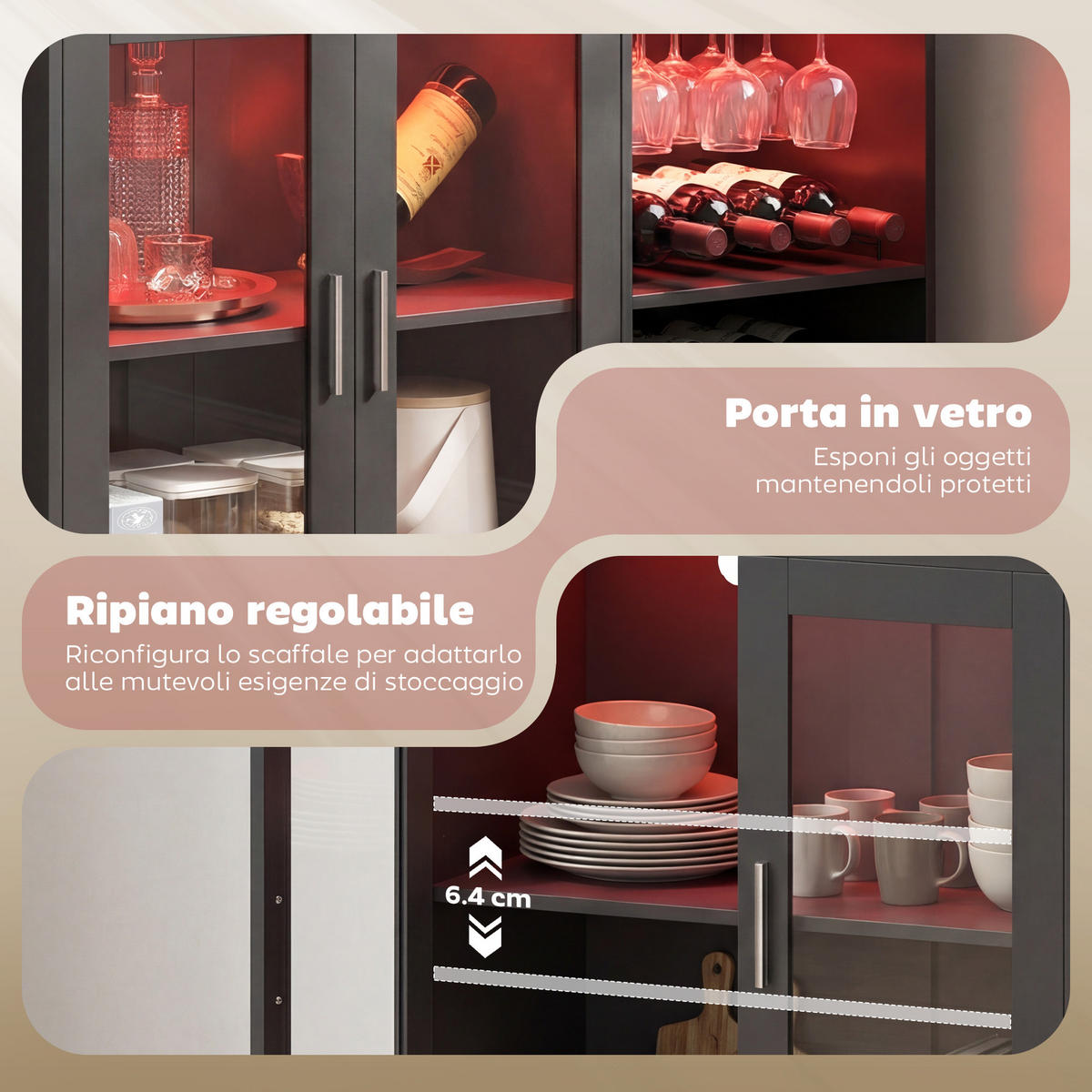 WEINREGAL, LED, verstellbarer Boden, Holz/Glas, schwarz, 120x38x88cm - Multicolor, Metall (120/88/38cm) - FORIOUS