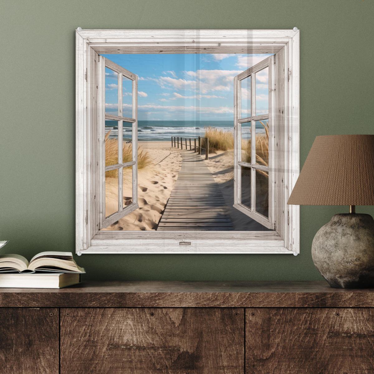 ACRYLGLASBILD Fenster - Meer - Küste - Natur - Ausblick - Strand - Wattenmeer 50x50 cm - Beige, Glas (50/50cm) - MuchoWow