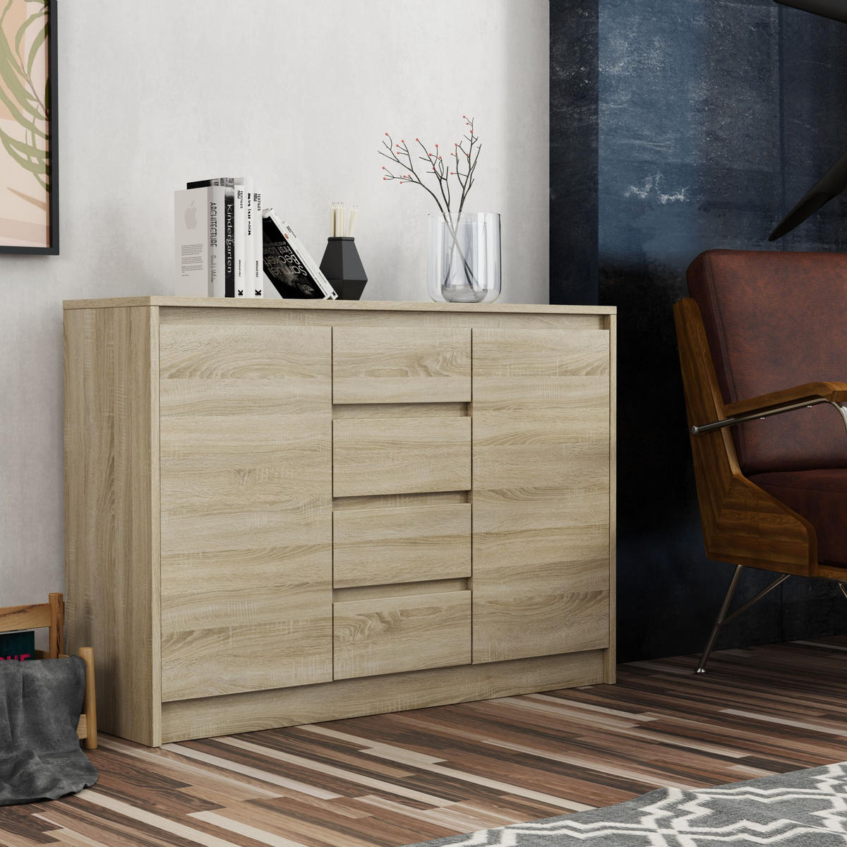 KOMMODE ASTORRE 113/82/35 cm mit 4 Schubladen 2 Türen Sonoma Eiche - Sonoma Eiche, Holzwerkstoff (113/82/35cm) - MASSENO