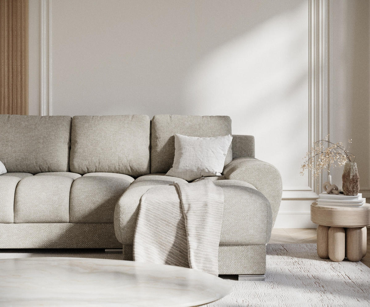 ECKSOFA MIT SCHLAFFUNKTION Peebles Beige Grau Chenille-Stoff - Chromfarben/Beige, Holz/Holzwerkstoff (256/175cm) - Maison de Reve
