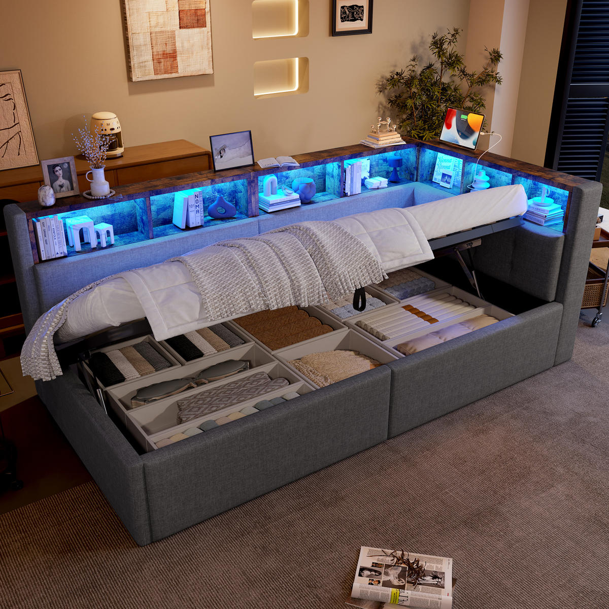 KOMFORT-POLSTERBETT 90/200 cm mit Bettkasten, LED-Beleuchtung und USB - Grau, Textil (90/200cm) - BEAOK