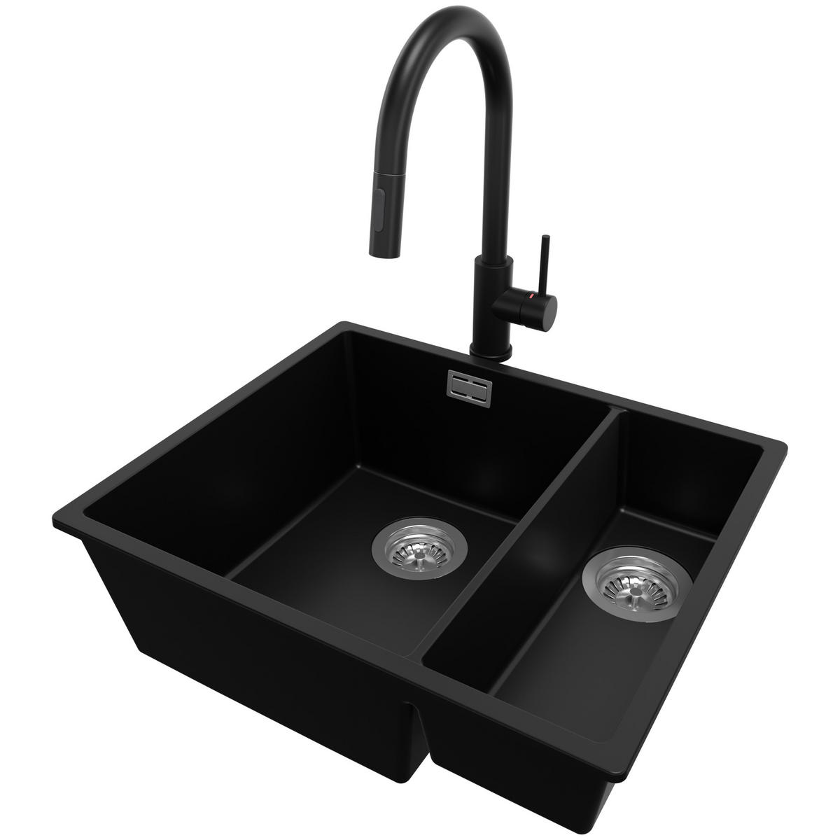 UNTERBAUSPÜLE GRANIT London Duo, 2-er set Schwarz 56/47 cm 1,5 Becken + Küchenarmatur 40/20 cm + Ablauf-Set ab 60er Unterschrank - Chromfarben/Schwarz, Kunststoff (56/20/47cm) - Primagran