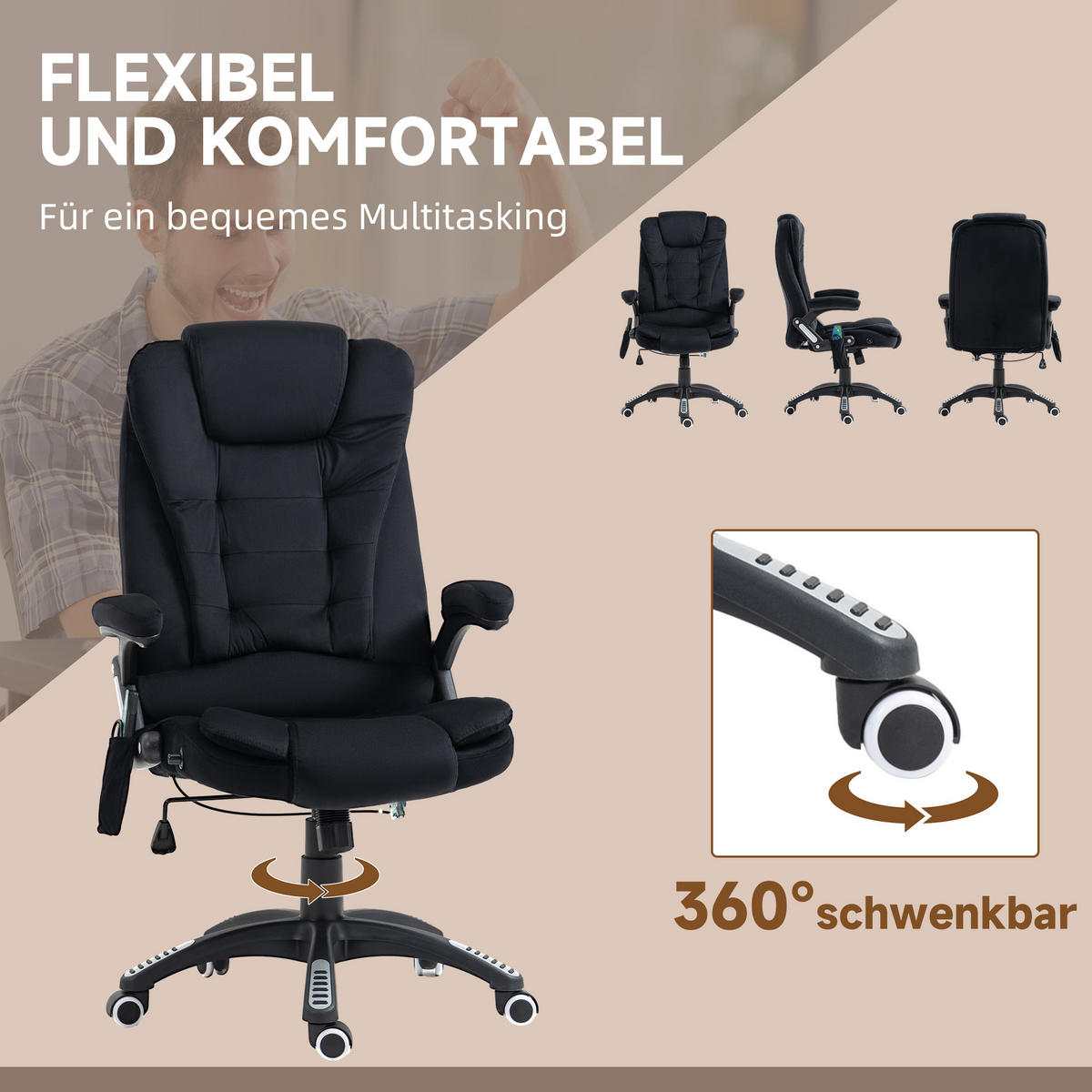 MASSAGE-BÜROSTUHL mit Wippfunktion, Schreibtischstuhl mit Heizfunktion, Schwarz - Schwarz, Kunststoff/Textil (74/116/67cm) - Vinsetto