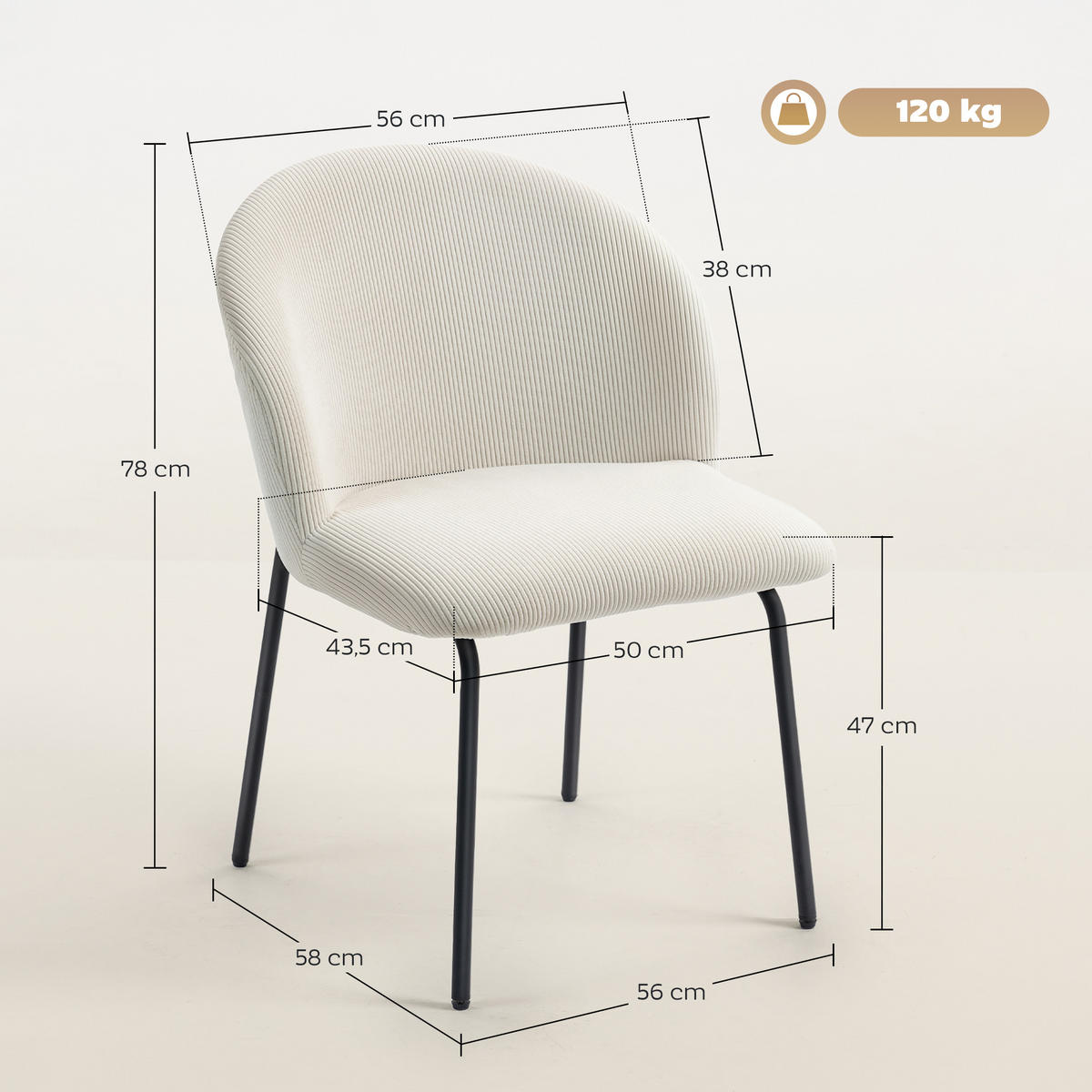 ESSZIMMERSTÜHLE 2er-Set DE-13297 Rippvelours & Stahlbeine Creme - Weiß, Metall (56/78/58cm) - ComfortXL
