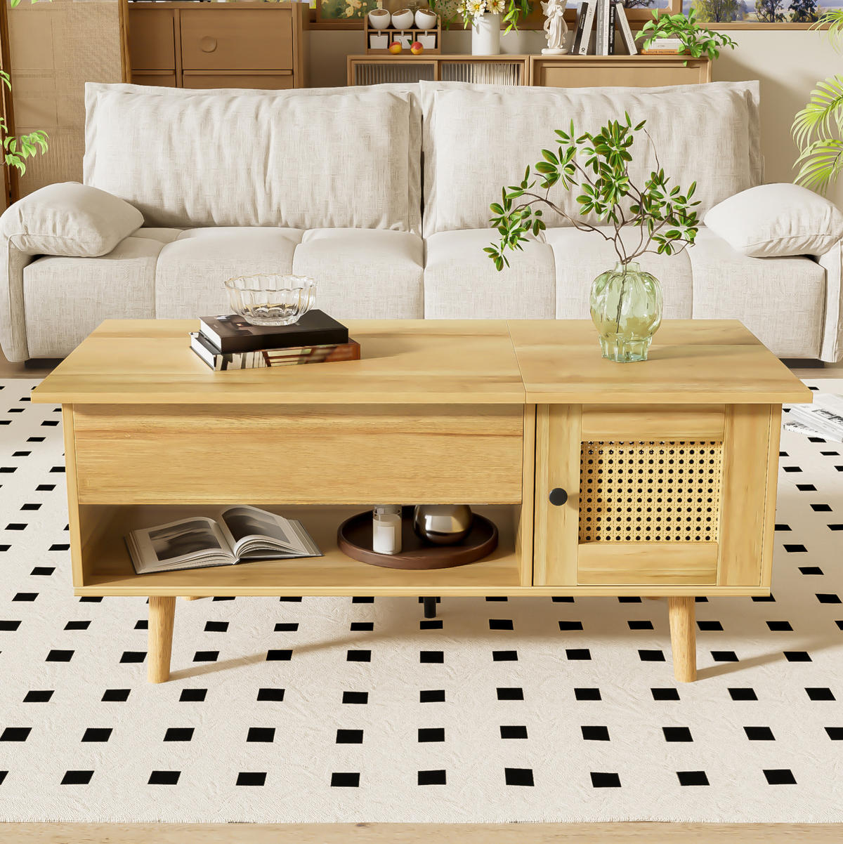 COUCHTISCH, anhebbare Tischplatte, Holzoptik mit schwarzen Akzenten und Rattan-Türen, 103/50/46/60 cm,Naturfarben - Naturfarben, Holzwerkstoff (103/50/60cm) - Redom