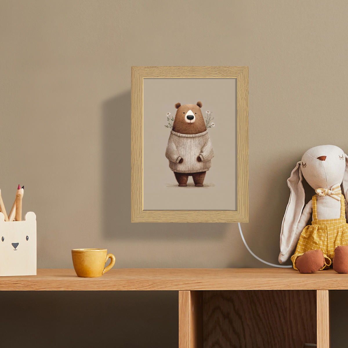 NÁSTĚNNÁ LAMPA Medvěd - Bílé květy - Cosy 15x20 cm - šedohnědá, kompozitní dřevo (15/20/8cm) - OnlyWow