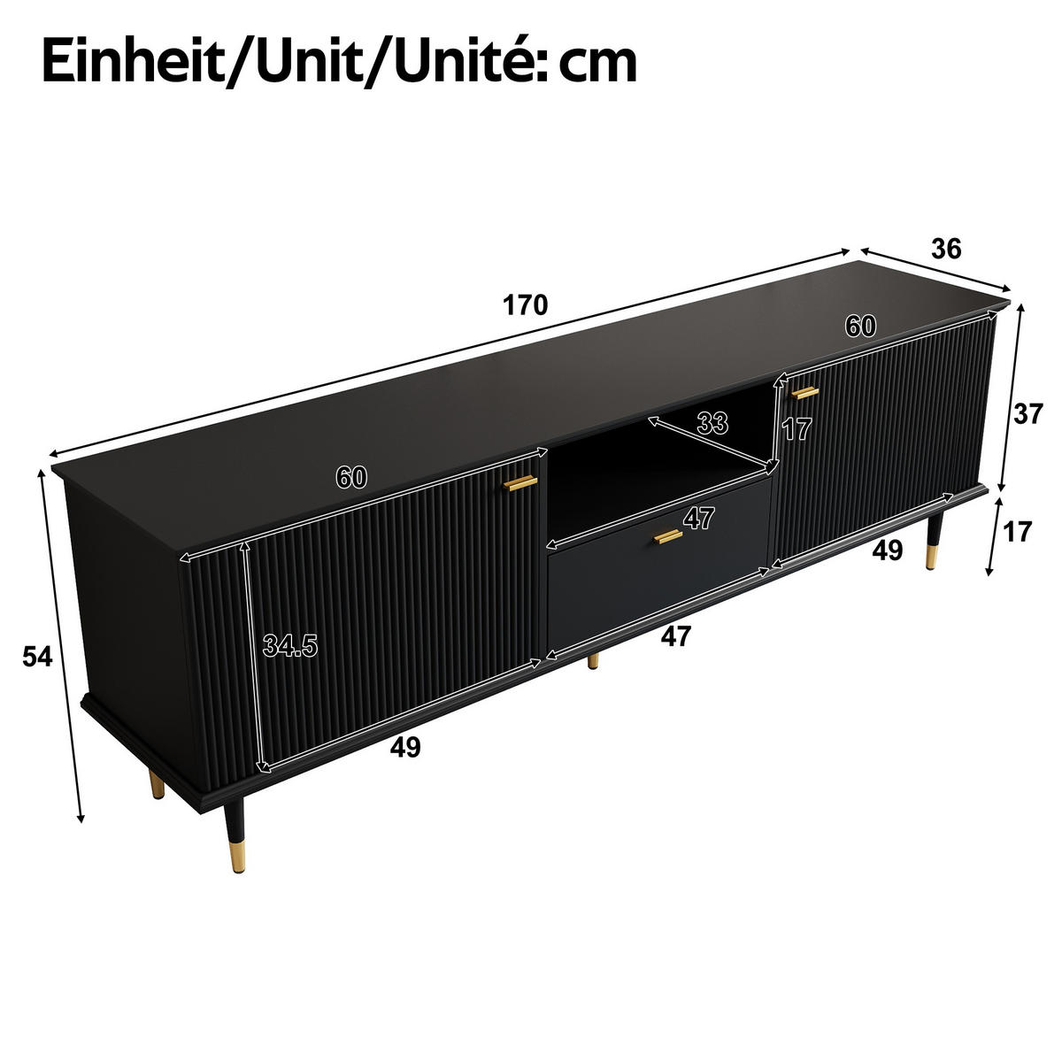 TV-LOWBOARD Schwarz 170/36/54 cm - Schwarz, Holzwerkstoff (170/54/36cm) - PANGIVO