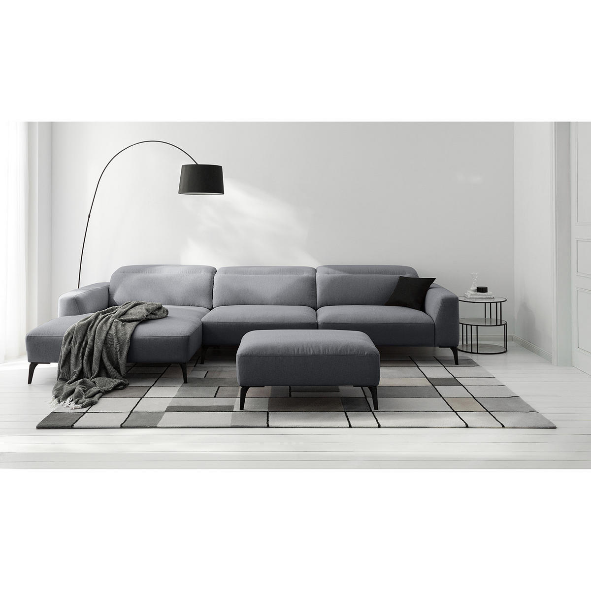 ECKSOFA mit Longchair - Schwarz/Grau, Textil/Metall (328/180cm) - home24