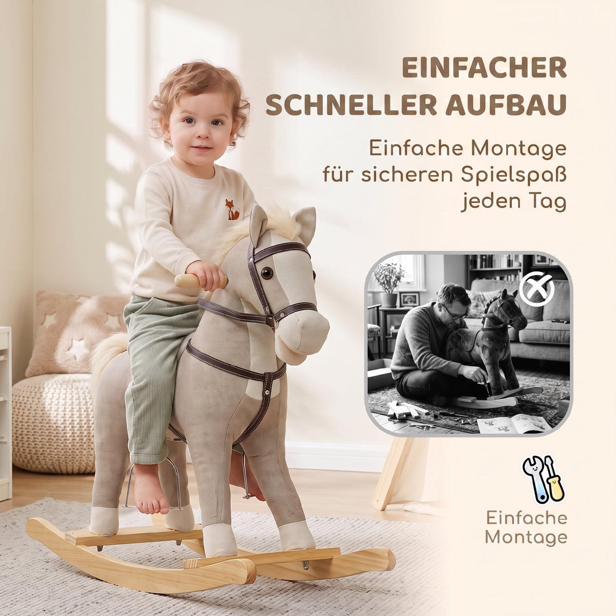 KINDER-SCHAUKELPFERD Polyester Metall Grau - Grau, Holz (30/68/71cm) - AIYAPLAY