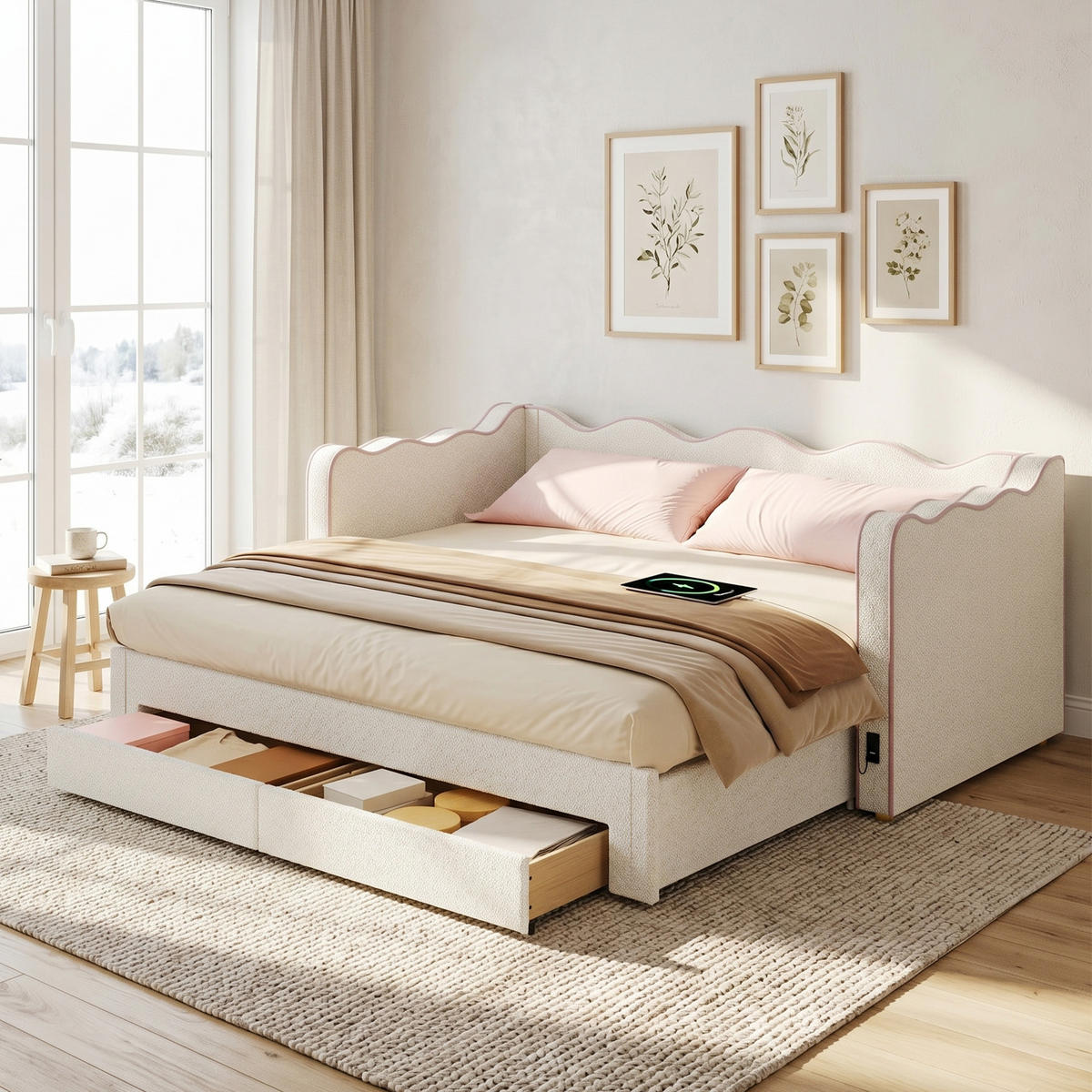 AUSZIEHBETT 90/200 cm DE-32800 ausziehbar auf 180 cm mit USB Beige - Beige, Holzwerkstoff (90/200cm) - ComfortXL