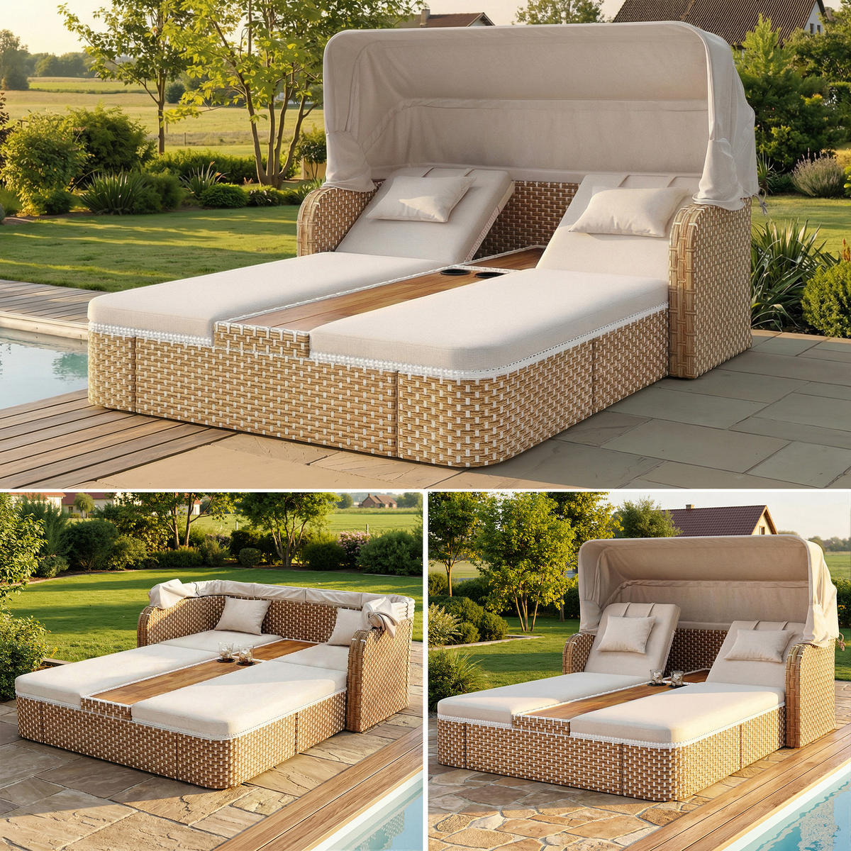 LOUNGESET Beige/Grau Mit Sonnenschutz & Pavillon - Beige, Metall (160/137/192cm) - FLIEKS