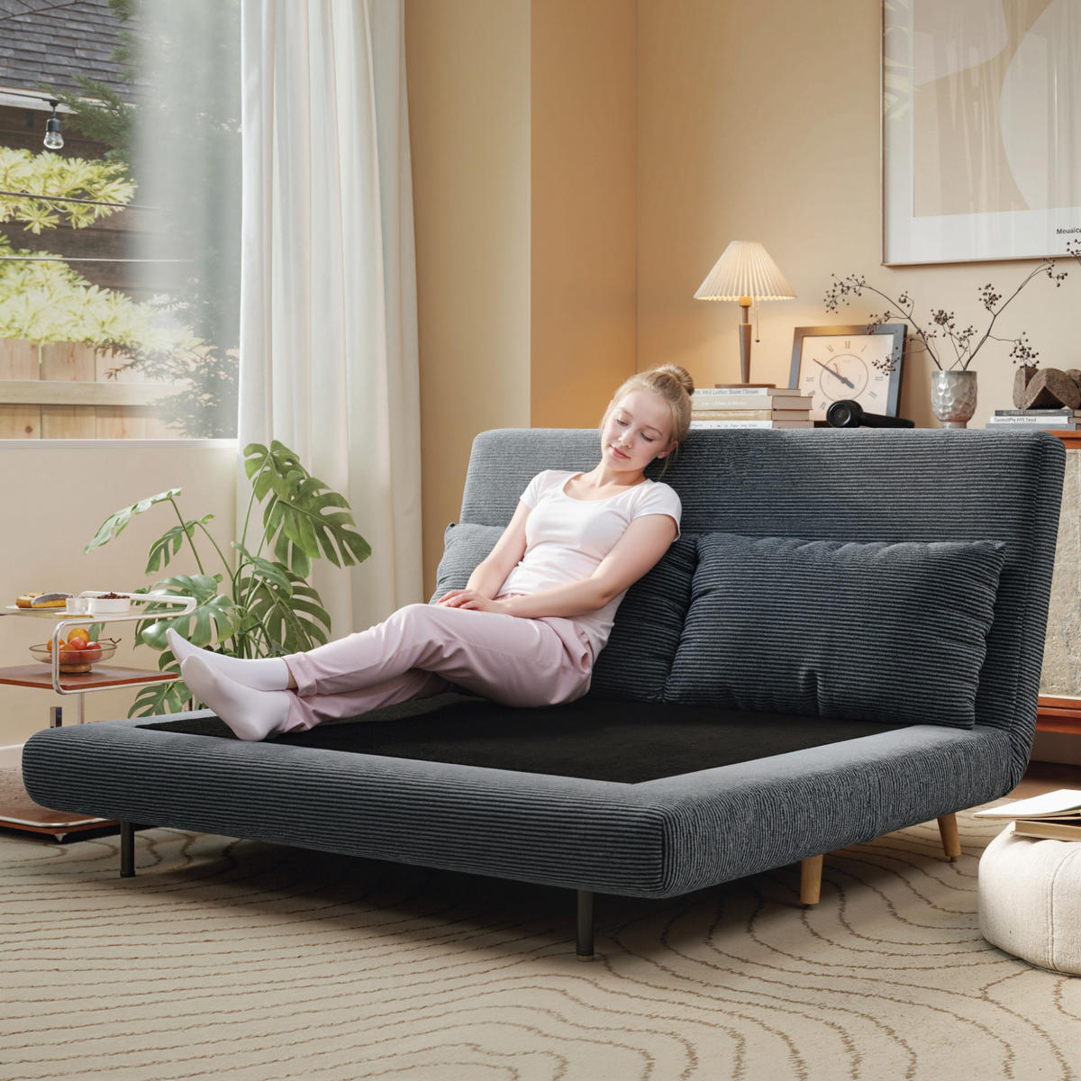SCHLAFSOFA DE-08246 3-fach verstellbare Rückenlehne, Kordoptik Dunkelgrau - Dunkelgrau, Holzwerkstoff (141/81/90cm) - ComfortXL