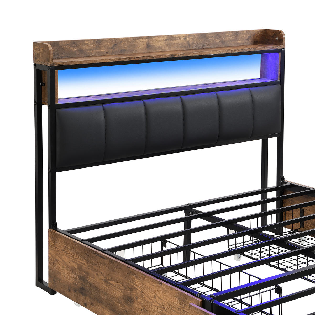 POLSTERBETT 140/200 cm Schwarz mit LED-Beleuchtung und 4 Schubladen - Schwarz, Kunststoff (140/200cm) - OKWISH