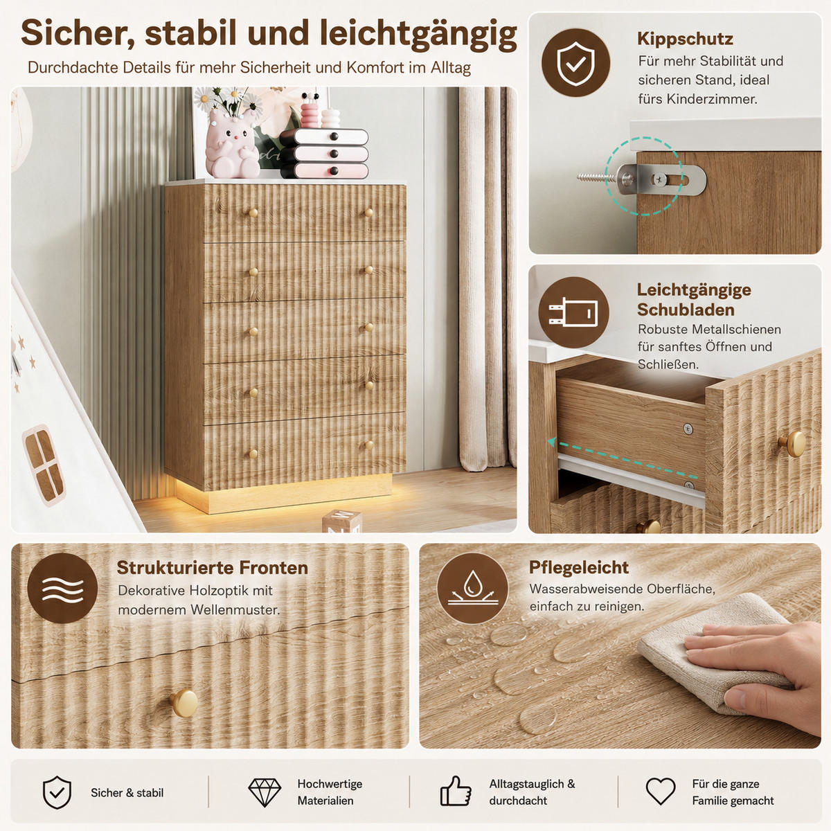 KOMMODE mit 5 Schubladen & Sockel‑LED, Eiche‑Weiß, 40/73/111cm - Eichefarben, Holz (73/111/40cm) - Joyfair